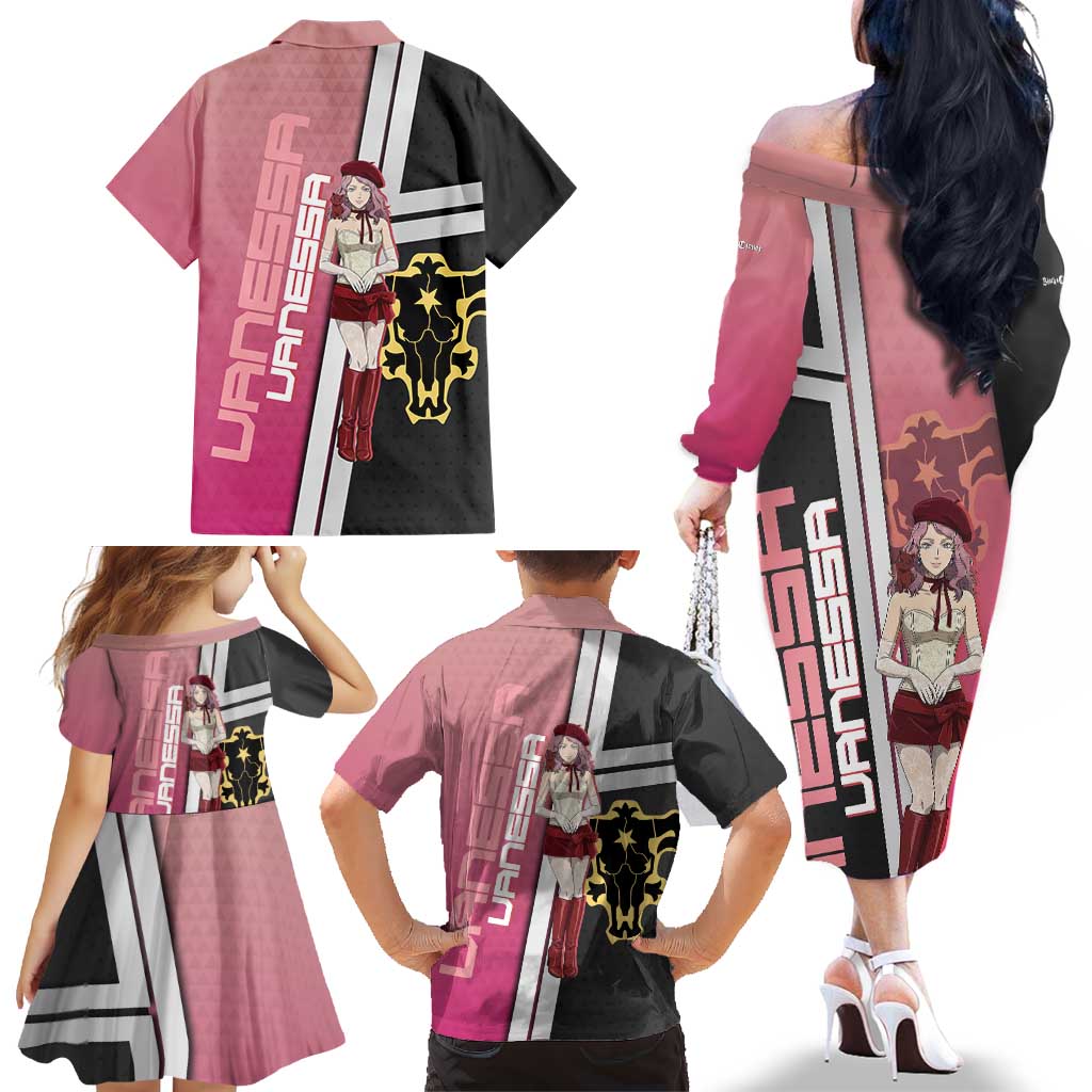 Black Clover Vanessa Enoteca Family Matching Off The Shoulder Long Sleeve Dress and Hawaiian Shirt Anime Illustration Style
