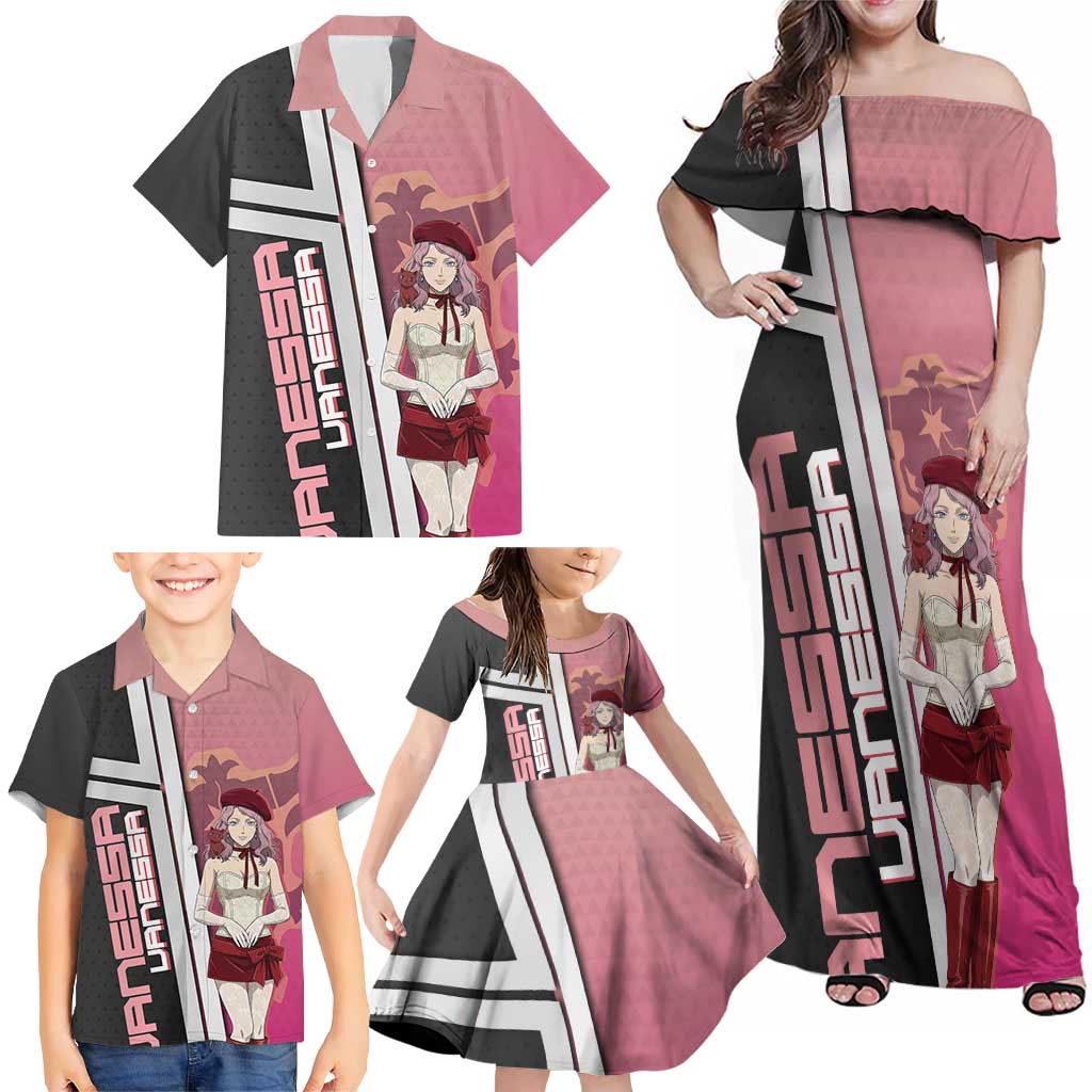 Black Clover Vanessa Enoteca Family Matching Off Shoulder Maxi Dress and Hawaiian Shirt Anime Illustration Style