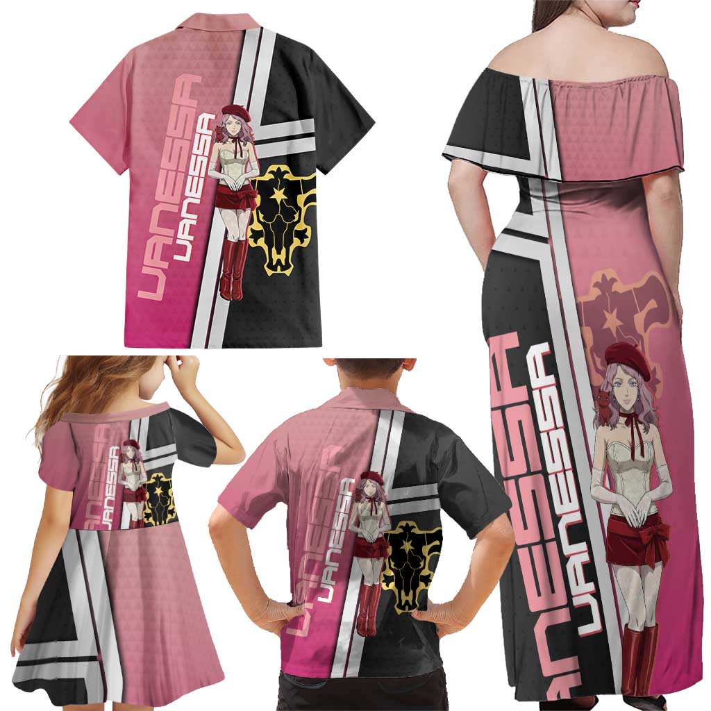 Black Clover Vanessa Enoteca Family Matching Off Shoulder Maxi Dress and Hawaiian Shirt Anime Illustration Style