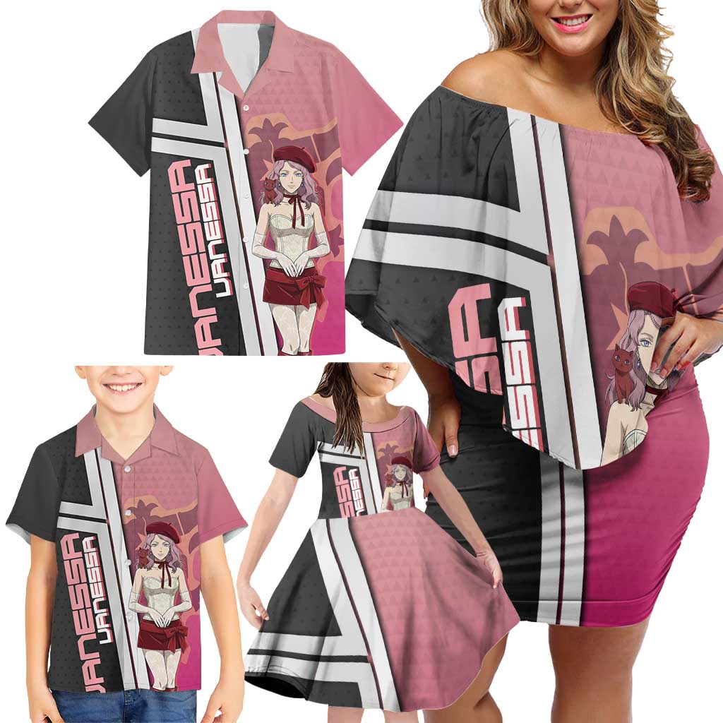 Black Clover Vanessa Enoteca Family Matching Off Shoulder Short Dress and Hawaiian Shirt Anime Illustration Style
