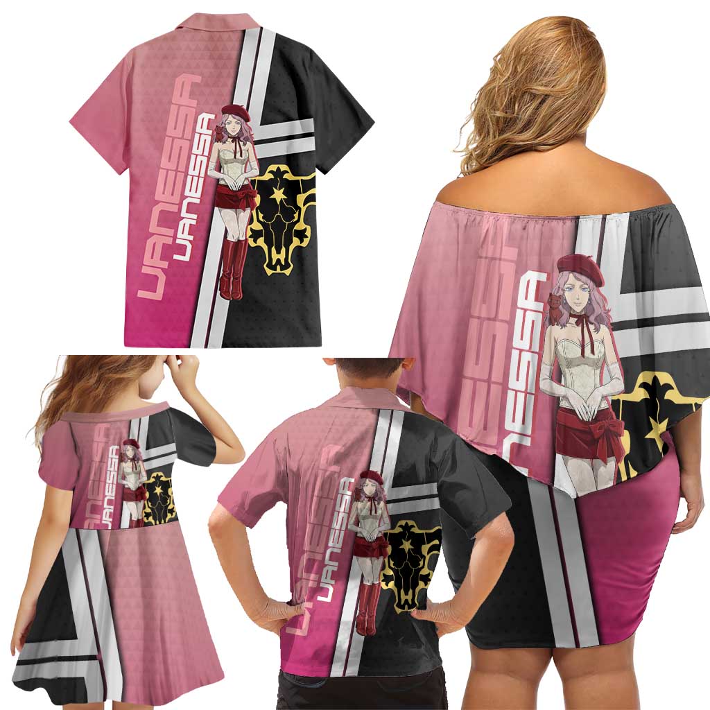 Black Clover Vanessa Enoteca Family Matching Off Shoulder Short Dress and Hawaiian Shirt Anime Illustration Style