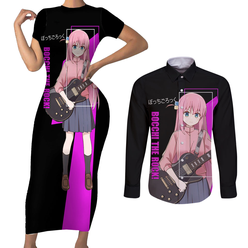 Hitori Gotoh Bochi The Rock! Couples Matching Short Sleeve Bodycon Dress and Long Sleeve Button Shirt Anime Style