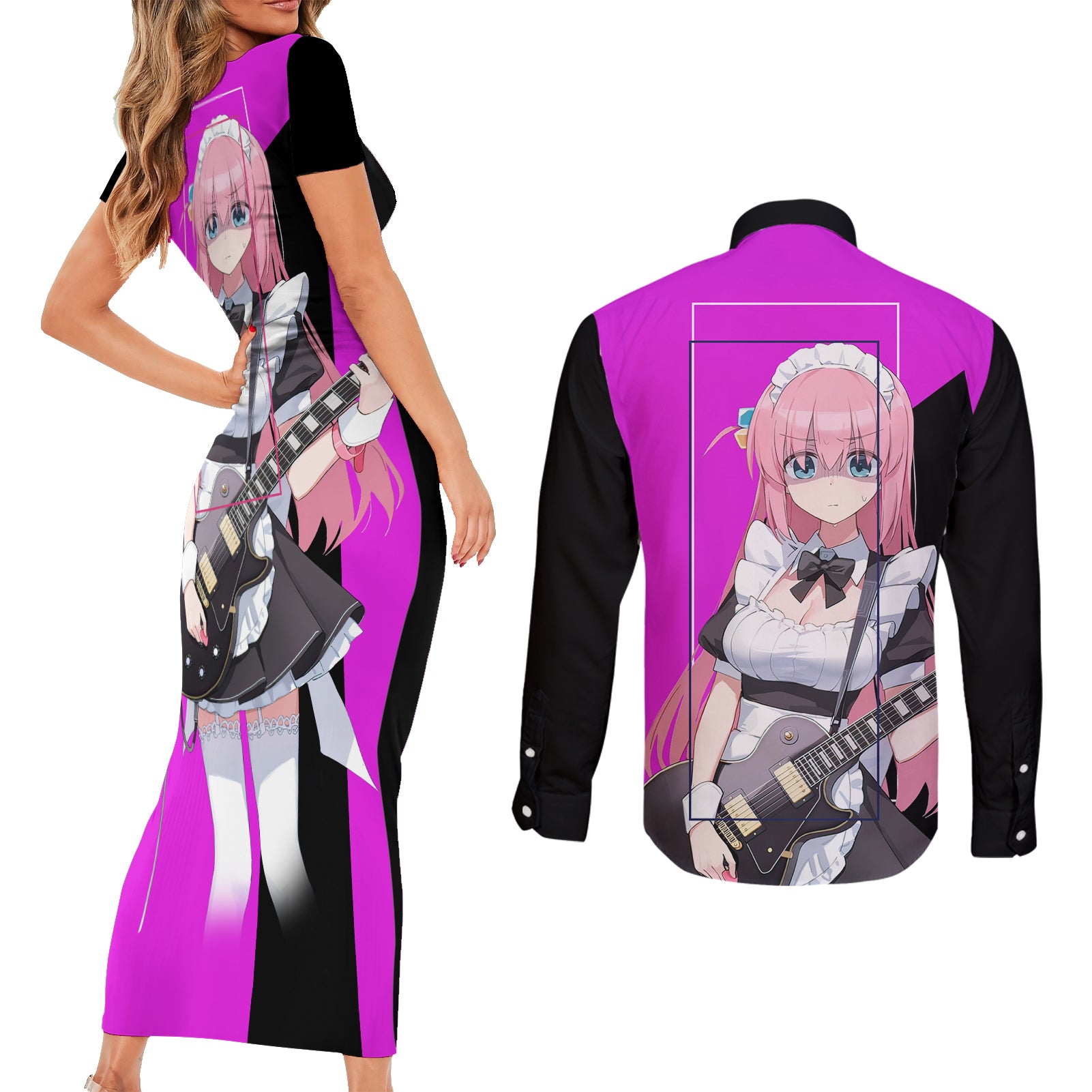 Hitori Gotoh Bochi The Rock! Couples Matching Short Sleeve Bodycon Dress and Long Sleeve Button Shirt Anime Style