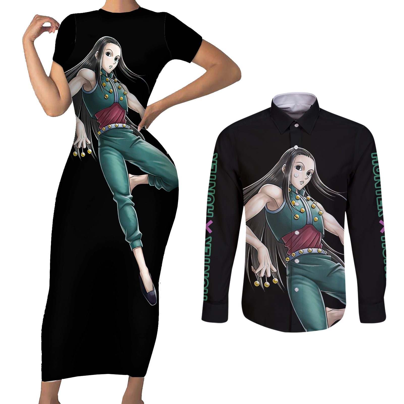 Illumi Zoldyck Hunter X Hunter Couples Matching Short Sleeve Bodycon Dress and Long Sleeve Button Shirt Anime Style