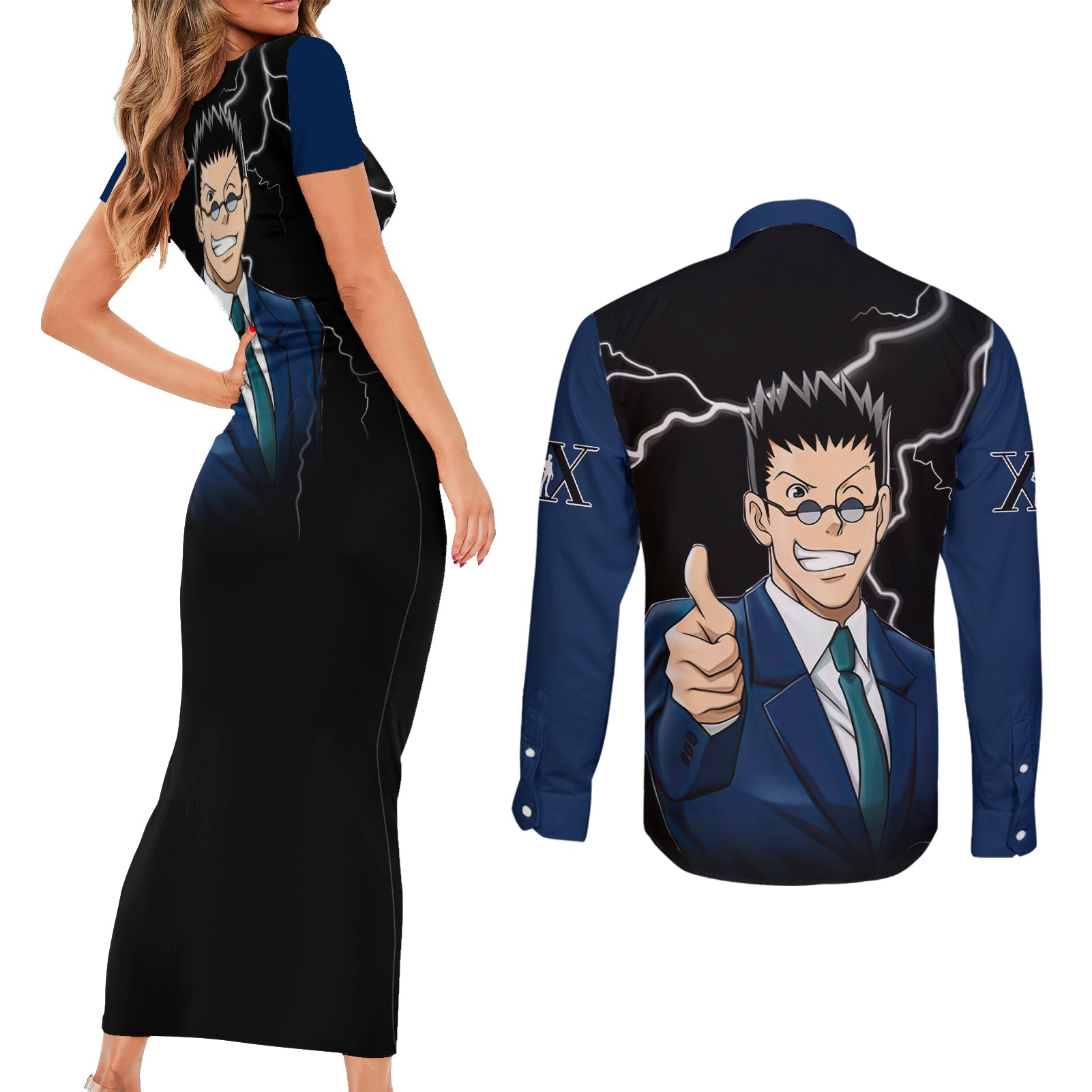Leorio Hunter X Hunter Couples Matching Short Sleeve Bodycon Dress and Long Sleeve Button Shirt Anime Style