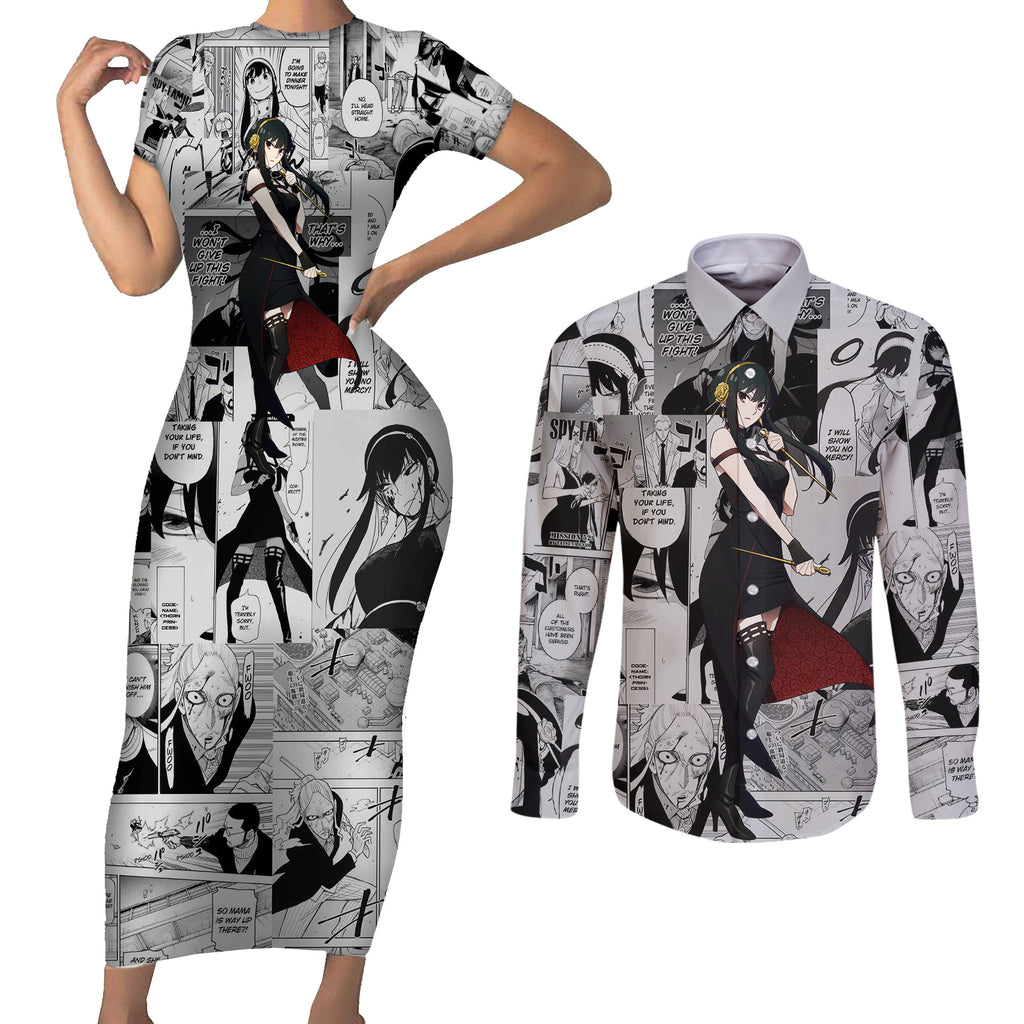 Yor Forger Spy X Family Couples Matching Short Sleeve Bodycon Dress and Long Sleeve Button Shirt Manga Mix Anime Style