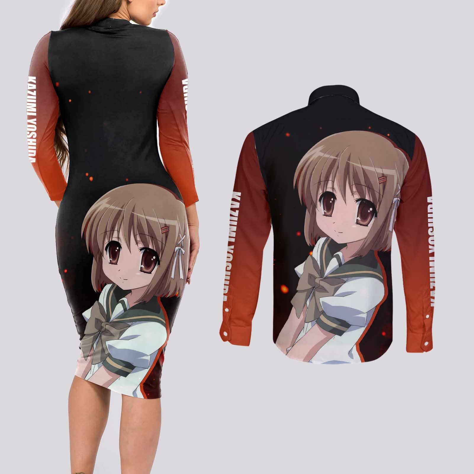 Kazumi Yoshida - Shakugan no Shana Couples Matching Long Sleeve Bodycon Dress and Long Sleeve Button Shirt Anime Style
