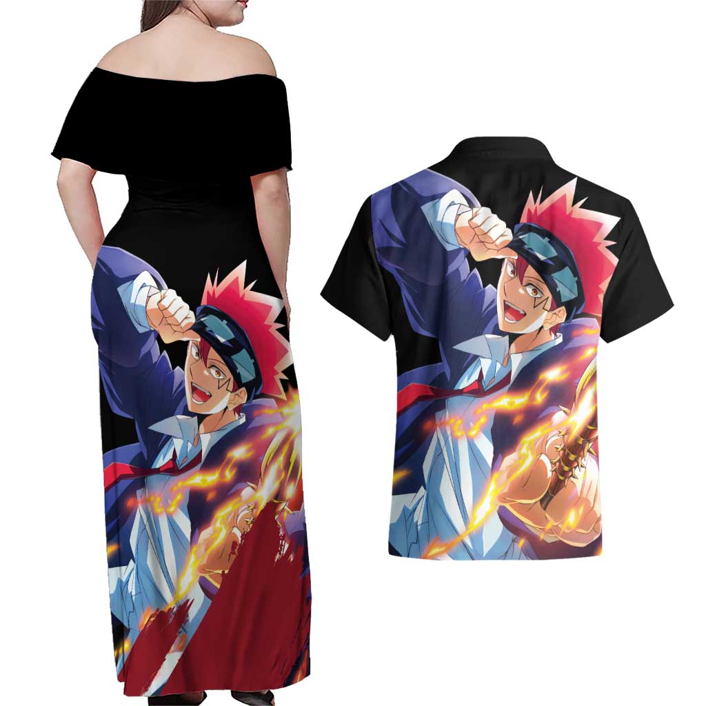 Dot Barrett - Magic And Muscles Couples Matching Off Shoulder Maxi Dress and Hawaiian Shirt Anime Style