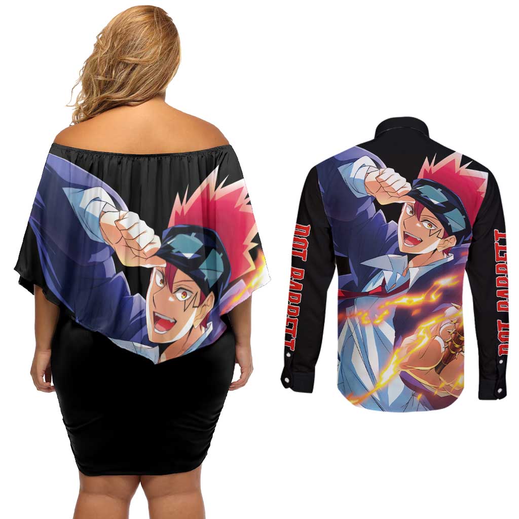 Dot Barrett - Magic And Muscles Couples Matching Off Shoulder Short Dress and Long Sleeve Button Shirt Anime Style
