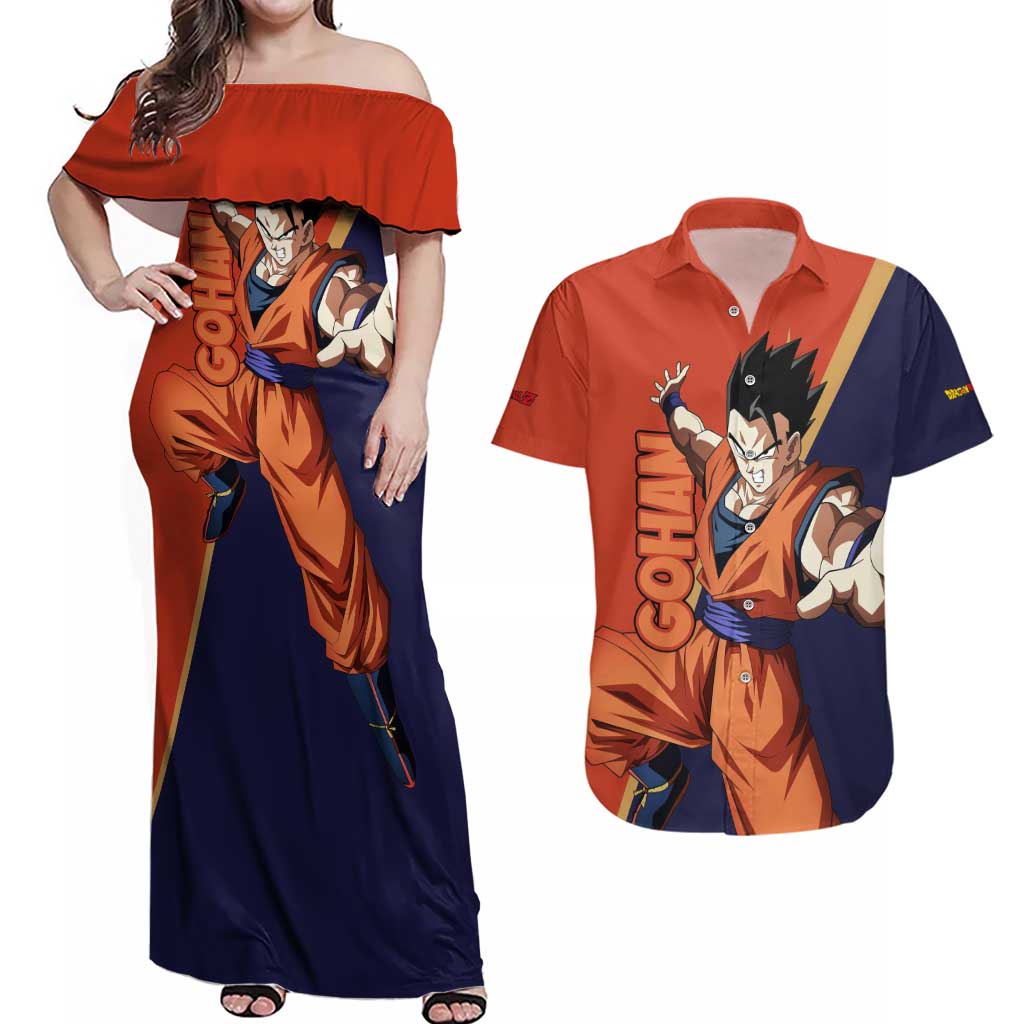 Gohan - Dragon Ball Couples Matching Off Shoulder Maxi Dress and Hawaiian Shirt Anime Style
