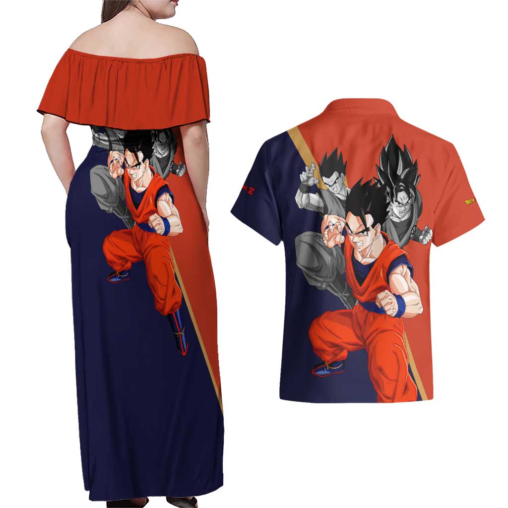 Gohan - Dragon Ball Couples Matching Off Shoulder Maxi Dress and Hawaiian Shirt Anime Style