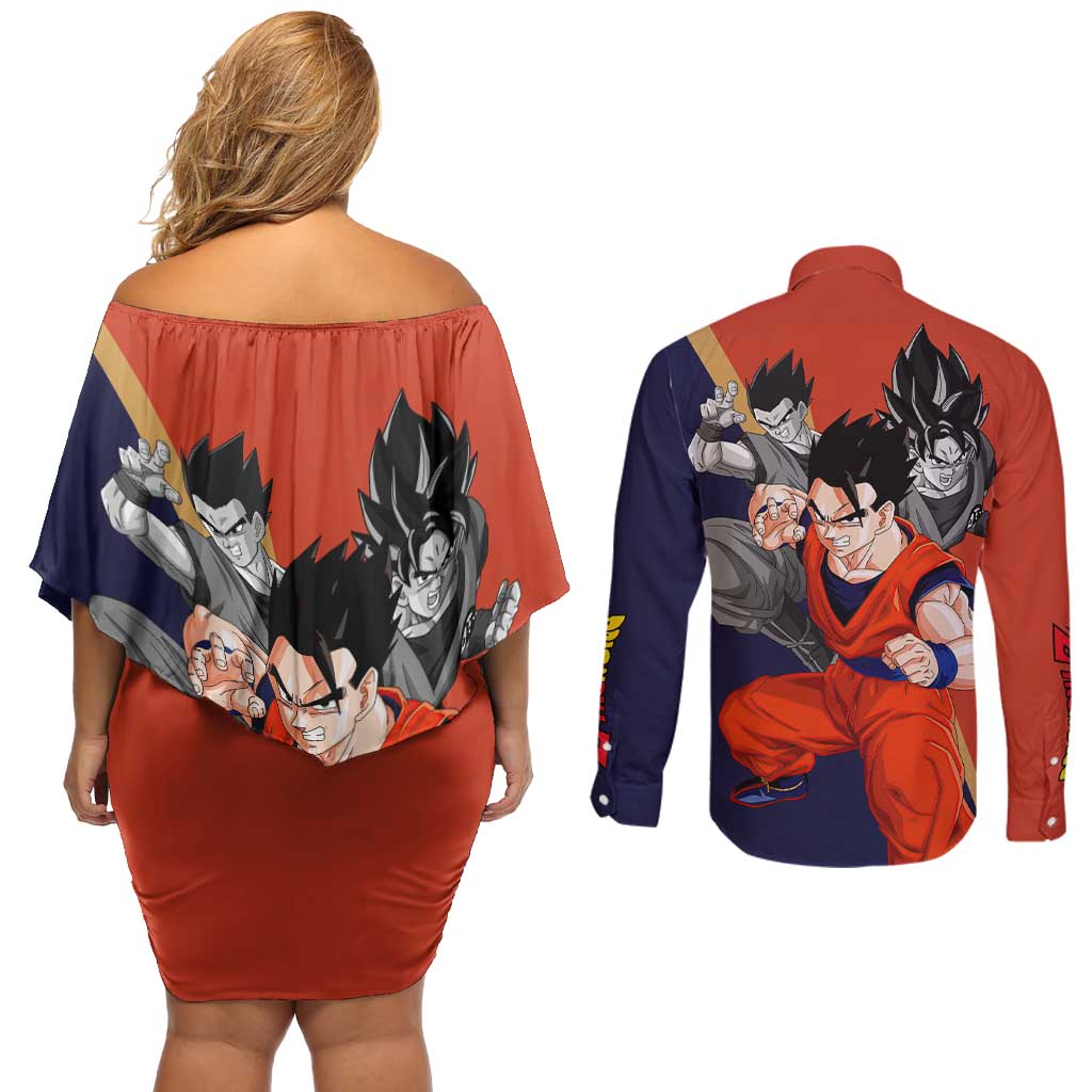 Gohan - Dragon Ball Couples Matching Off Shoulder Short Dress and Long Sleeve Button Shirt Anime Style