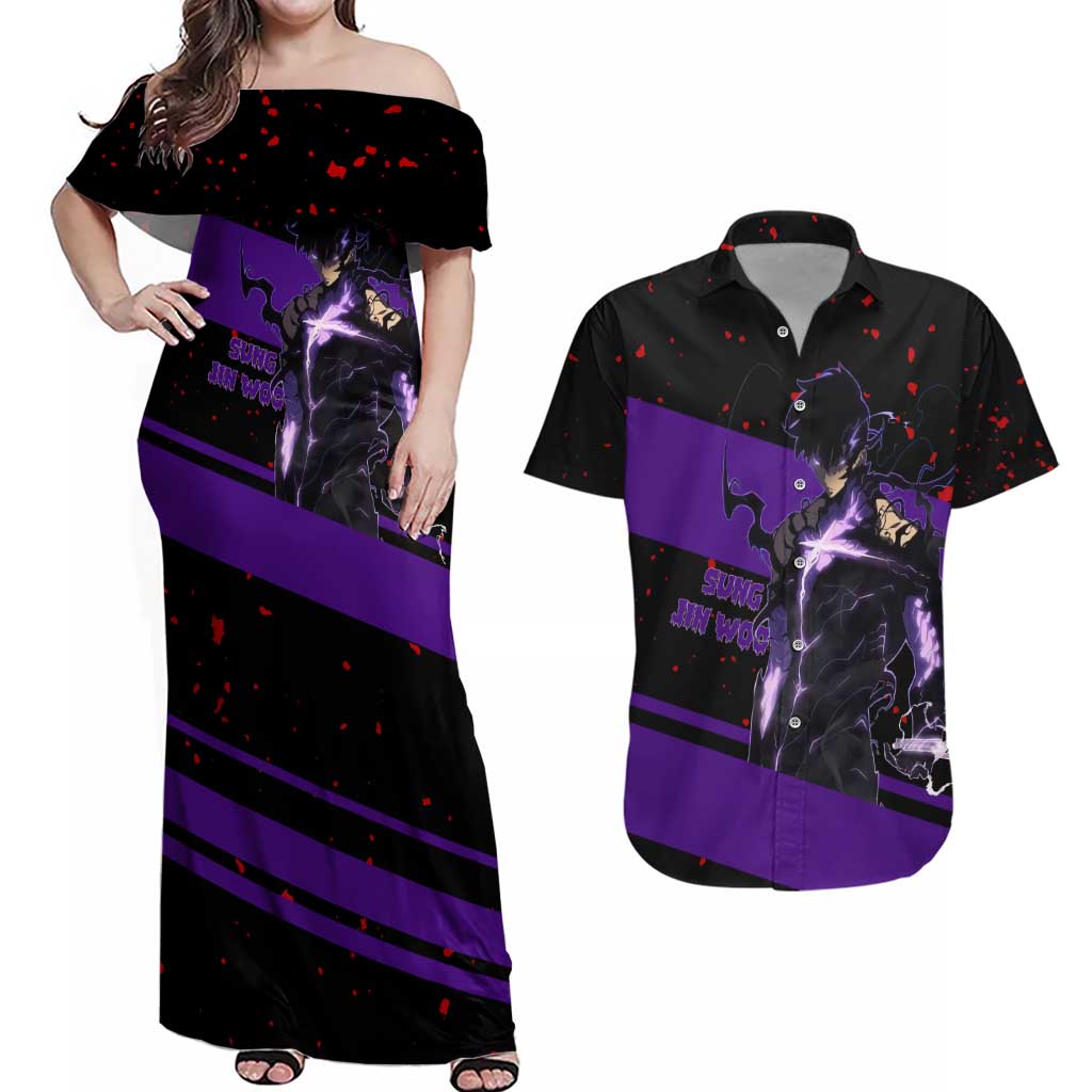 Sung Jin Woo - Solo Leveling Couples Matching Off Shoulder Maxi Dress and Hawaiian Shirt Anime Style