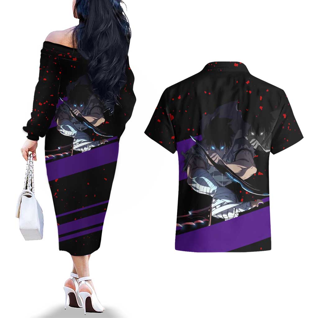 Sung Jin Woo - Solo Leveling Couples Matching Off The Shoulder Long Sleeve Dress and Hawaiian Shirt Anime Style