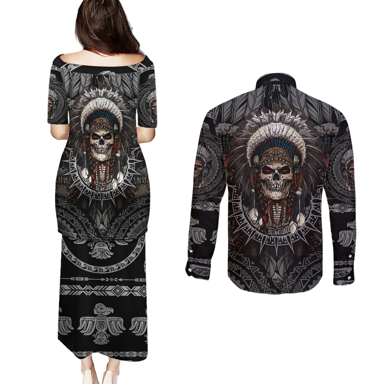 skull-native-american-warrior-couples-matching-puletasi-dress-and-long-sleeve-button-shirts