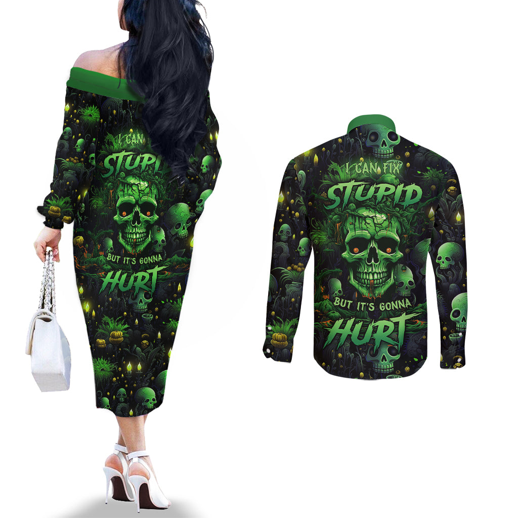 i-can-fix-stupid-but-is-gonna-hurt-couples-matching-off-the-shoulder-long-sleeve-dress-and-long-sleeve-button-shirts