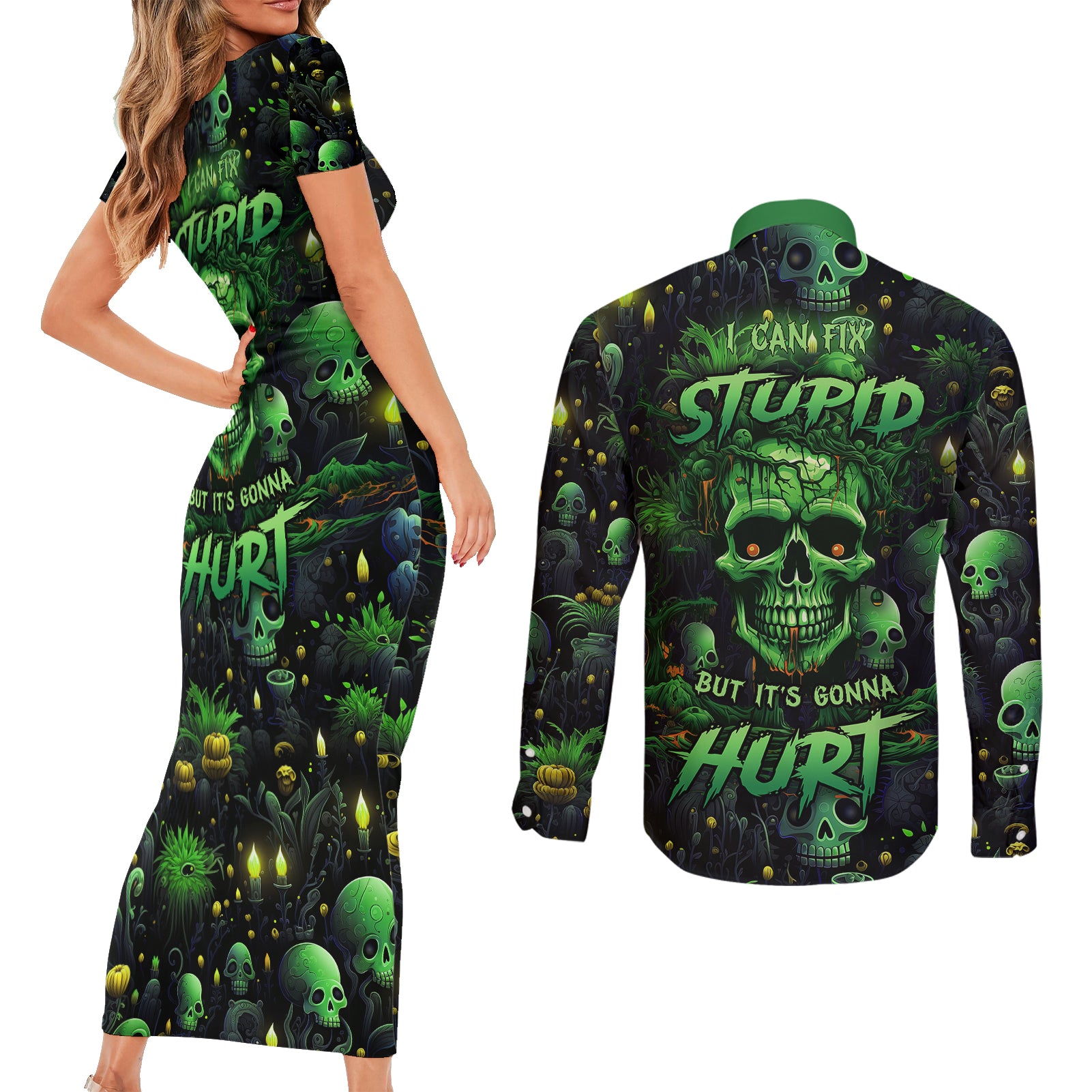 i-can-fix-stupid-but-is-gonna-hurt-couples-matching-short-sleeve-bodycon-dress-and-long-sleeve-button-shirts
