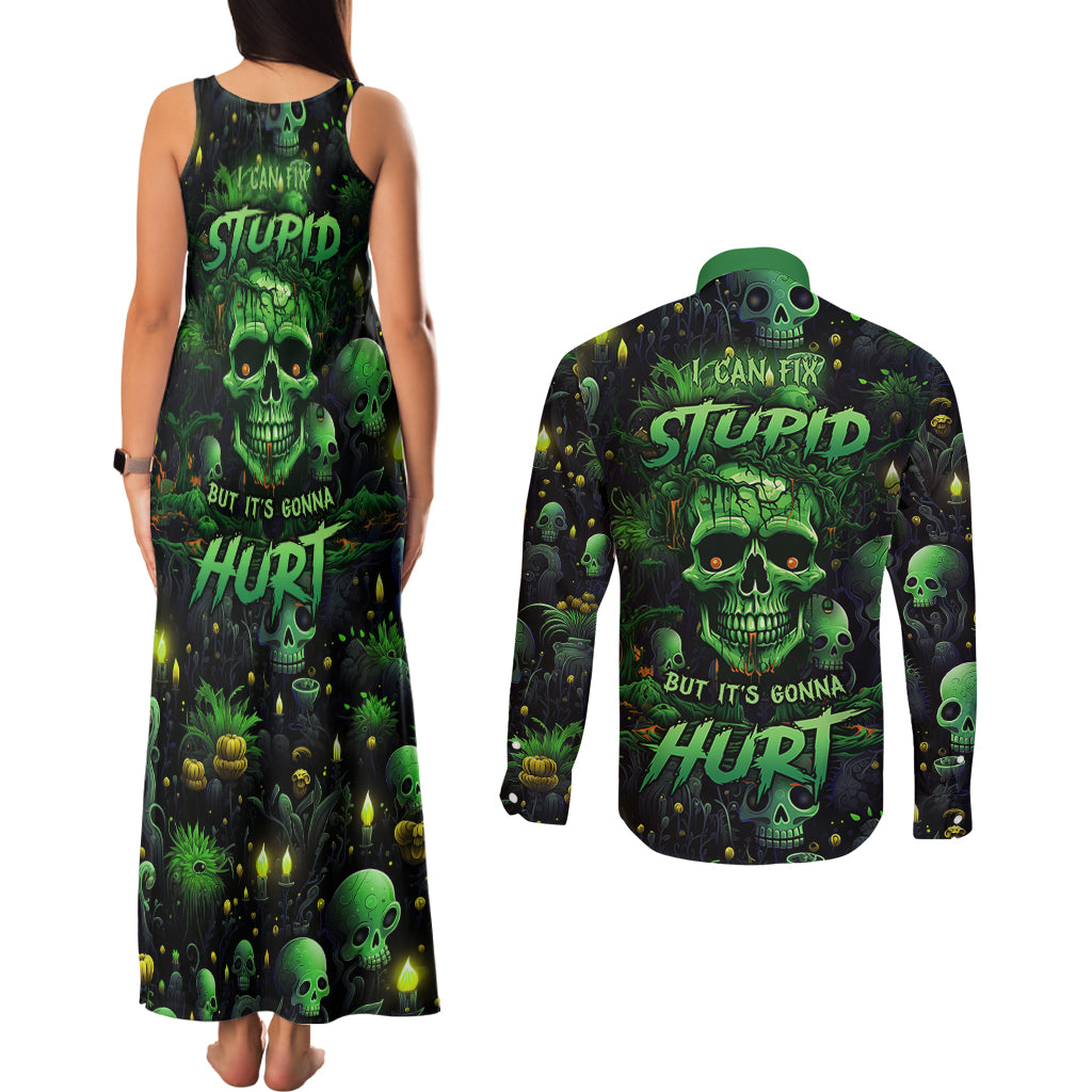 i-can-fix-stupid-but-is-gonna-hurt-couples-matching-tank-maxi-dress-and-long-sleeve-button-shirts