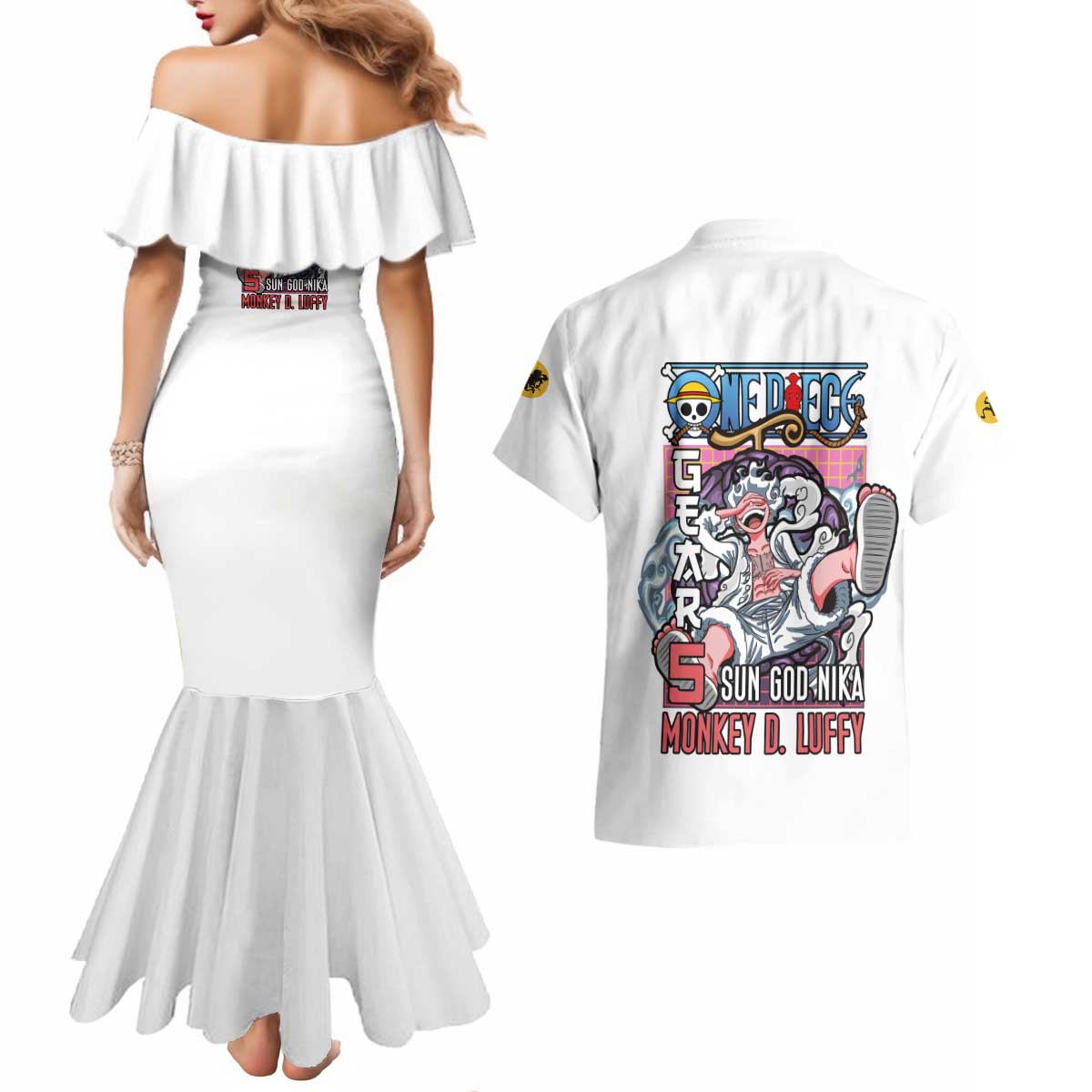 5th Gear Luffy One Piece Couples Matching Mermaid Dress and Hawaiian Shirt Anime Style
