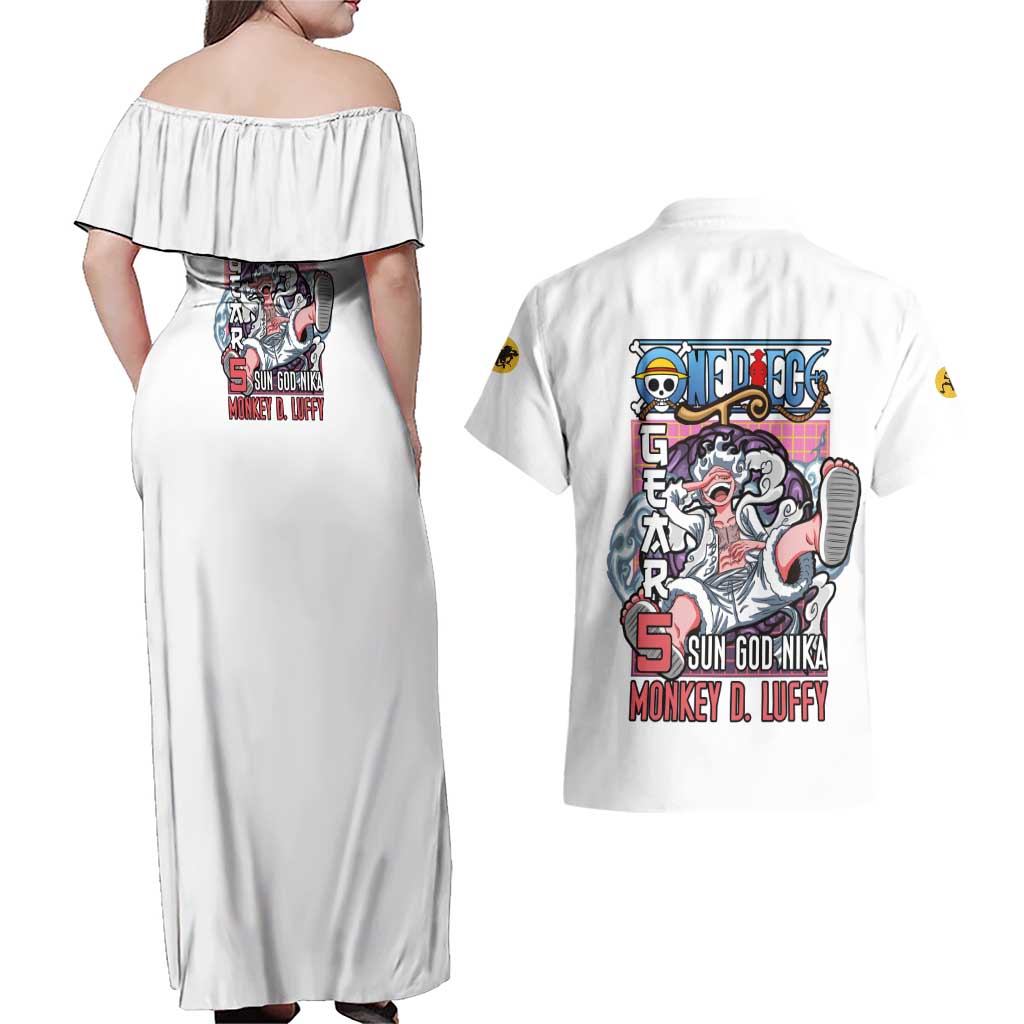 5th Gear Luffy One Piece Couples Matching Off Shoulder Maxi Dress and Hawaiian Shirt Anime Style