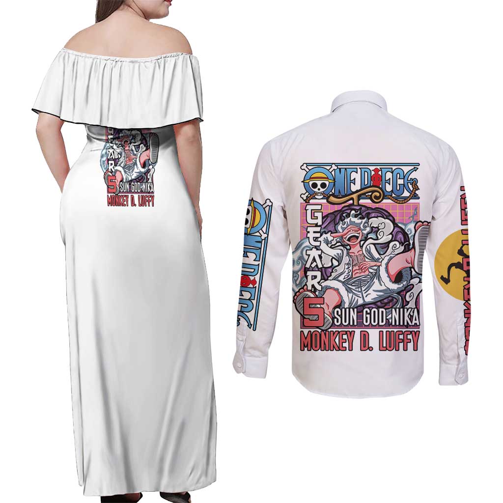 5th Gear Luffy One Piece Couples Matching Off Shoulder Maxi Dress and Long Sleeve Button Shirt Anime Style