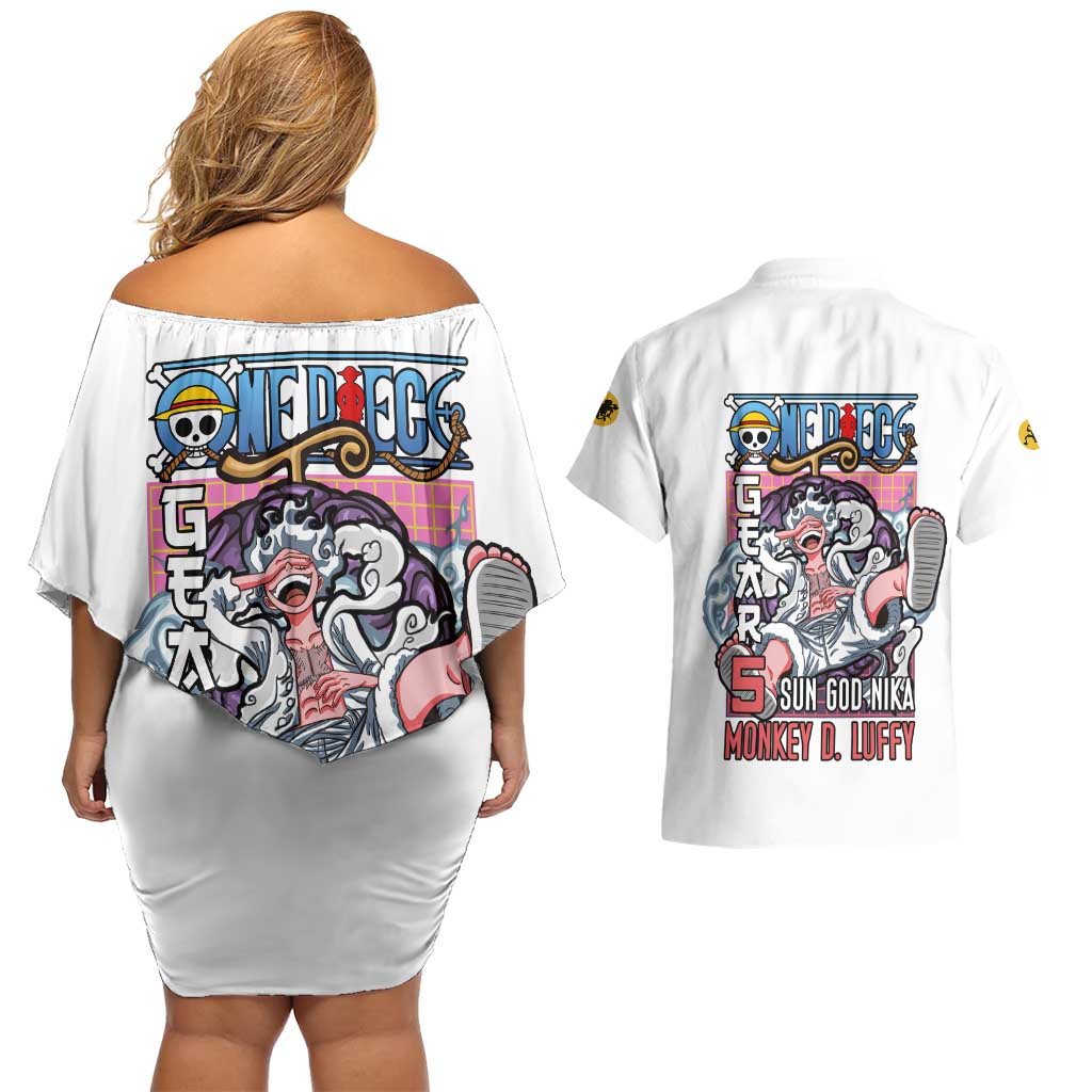 5th Gear Luffy One Piece Couples Matching Off Shoulder Short Dress and Hawaiian Shirt Anime Style