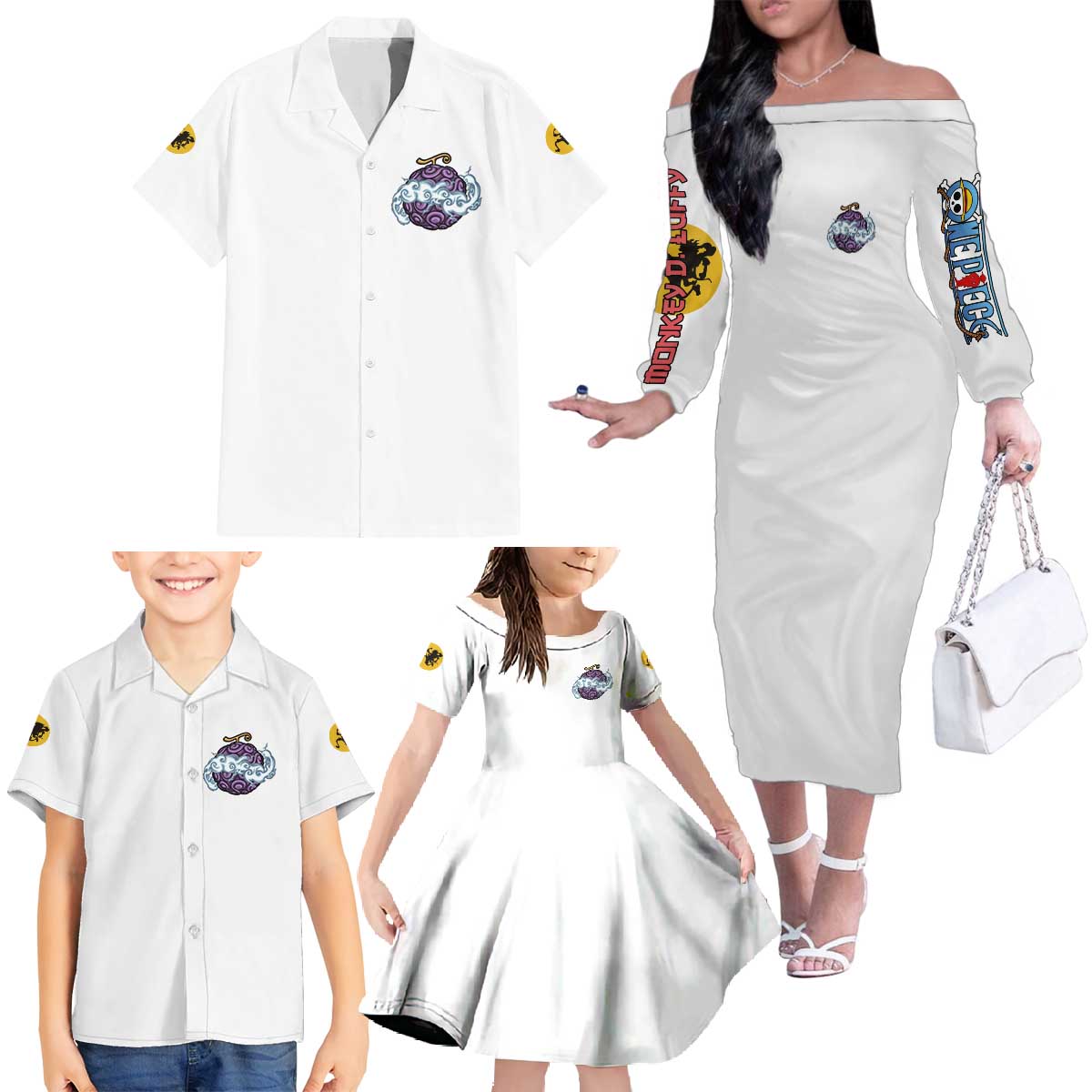 5th Gear Luffy One Piece Family Matching Off The Shoulder Long Sleeve Dress and Hawaiian Shirt Anime Style