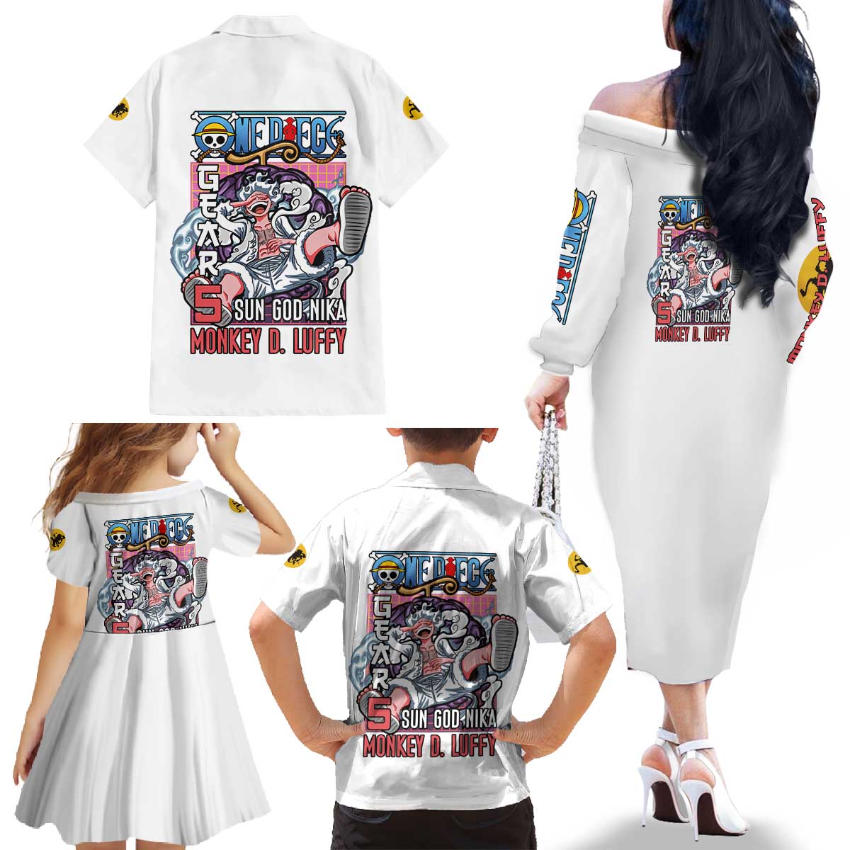 5th Gear Luffy One Piece Family Matching Off The Shoulder Long Sleeve Dress and Hawaiian Shirt Anime Style