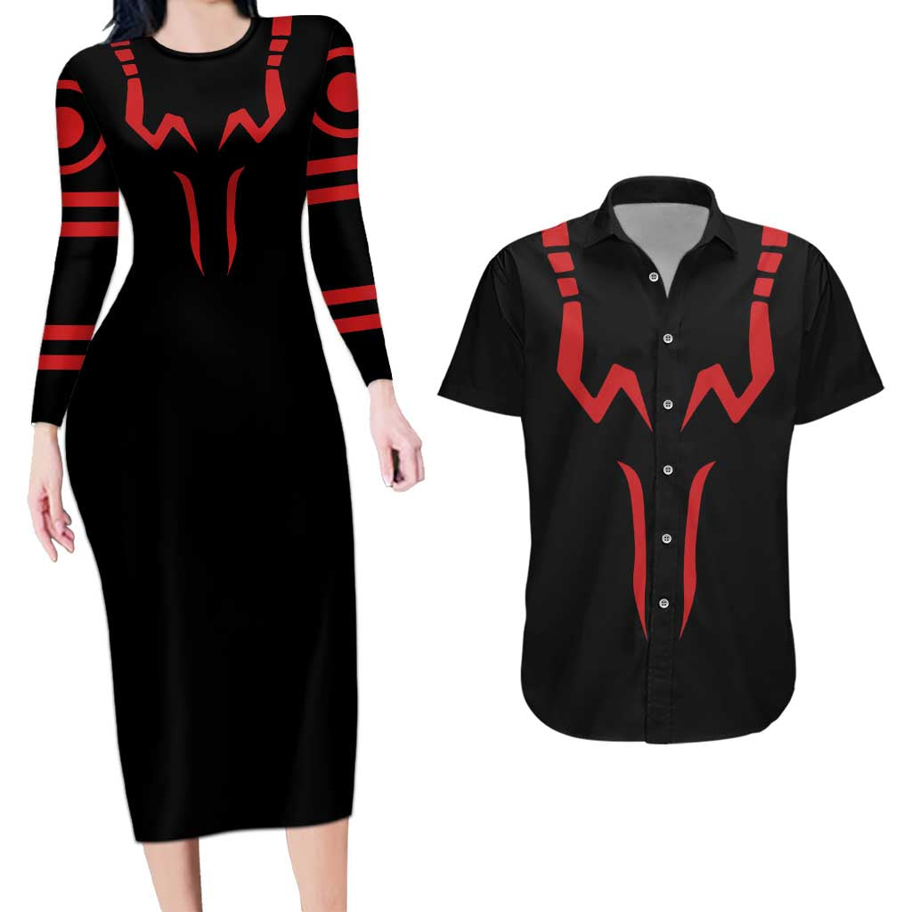 Sukuna Jujutsu Kaisen Couples Matching Long Sleeve Bodycon Dress and Hawaiian Shirt Anime Style