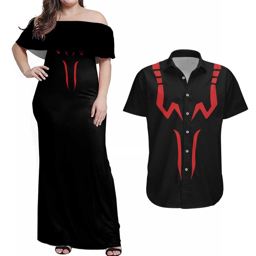 Sukuna Jujutsu Kaisen Couples Matching Off Shoulder Maxi Dress and Hawaiian Shirt Anime Style