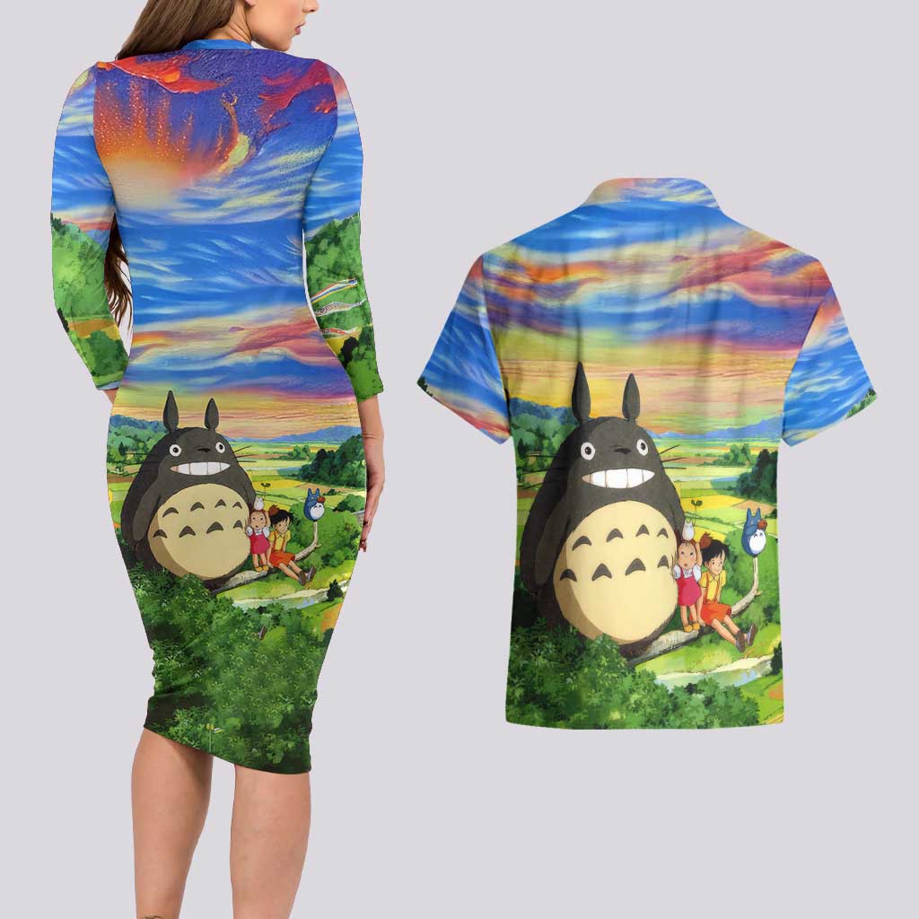 Trippy My Neighbor Totoro Studio Ghibli Couples Matching Long Sleeve Bodycon Dress and Hawaiian Shirt Anime  Mix Oil Paint Trippy Style
