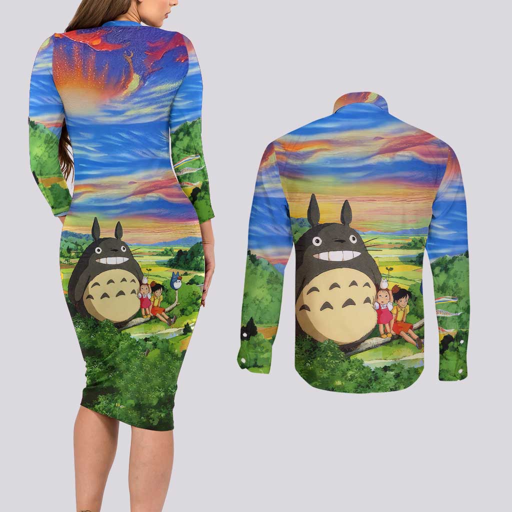 Trippy My Neighbor Totoro Studio Ghibli Couples Matching Long Sleeve Bodycon Dress and Long Sleeve Button Shirt Anime  Mix Oil Paint Trippy Style
