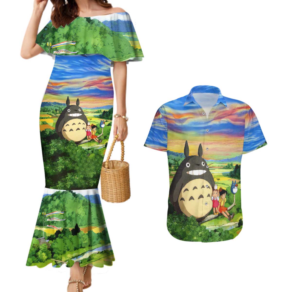 Trippy My Neighbor Totoro Studio Ghibli Couples Matching Mermaid Dress and Hawaiian Shirt Anime  Mix Oil Paint Trippy Style