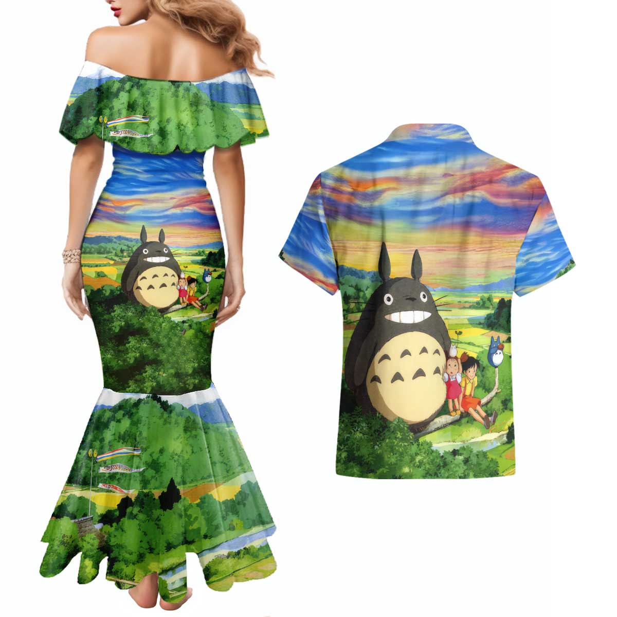 Trippy My Neighbor Totoro Studio Ghibli Couples Matching Mermaid Dress and Hawaiian Shirt Anime  Mix Oil Paint Trippy Style