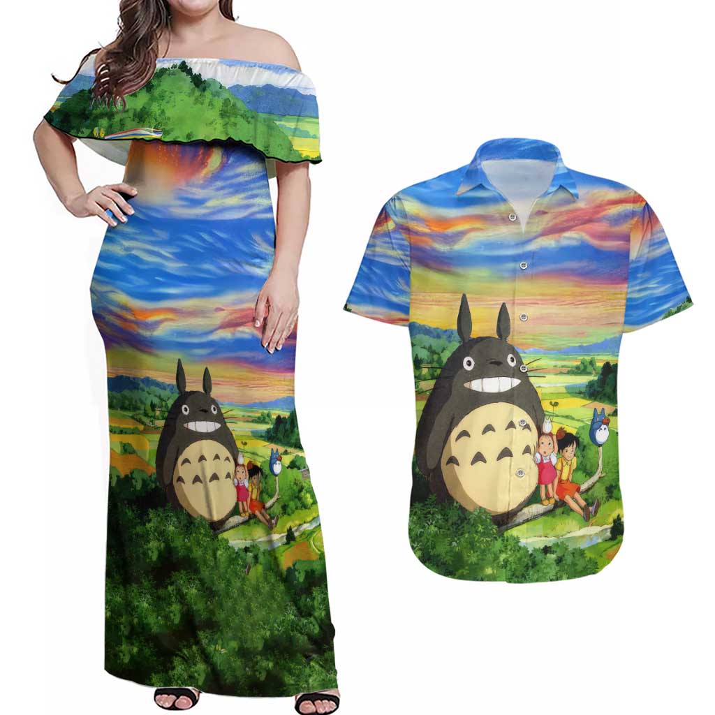Trippy My Neighbor Totoro Studio Ghibli Couples Matching Off Shoulder Maxi Dress and Hawaiian Shirt Anime  Mix Oil Paint Trippy Style