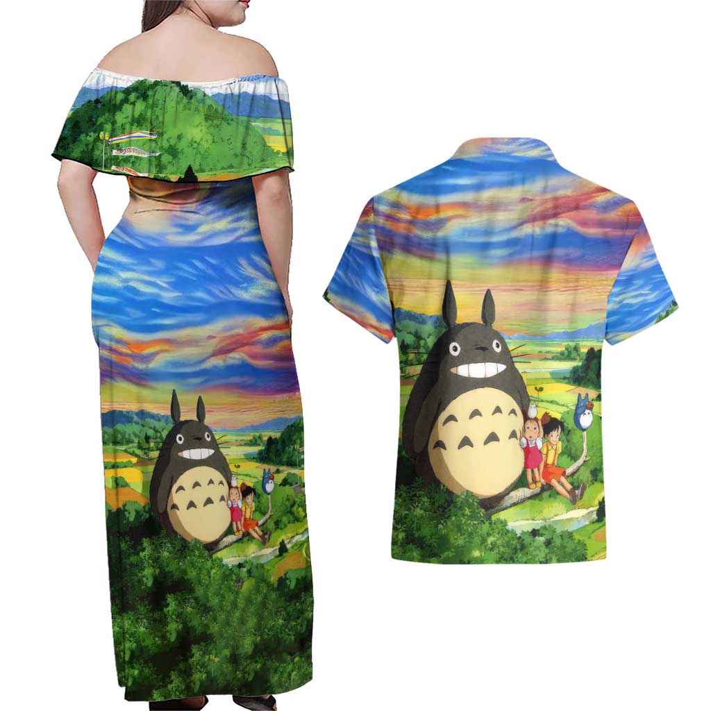 Trippy My Neighbor Totoro Studio Ghibli Couples Matching Off Shoulder Maxi Dress and Hawaiian Shirt Anime  Mix Oil Paint Trippy Style
