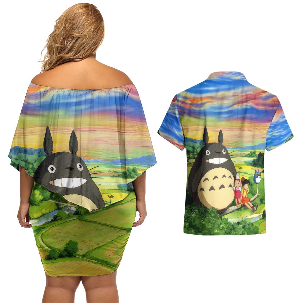 Trippy My Neighbor Totoro Studio Ghibli Couples Matching Off Shoulder Short Dress and Hawaiian Shirt Anime  Mix Oil Paint Trippy Style
