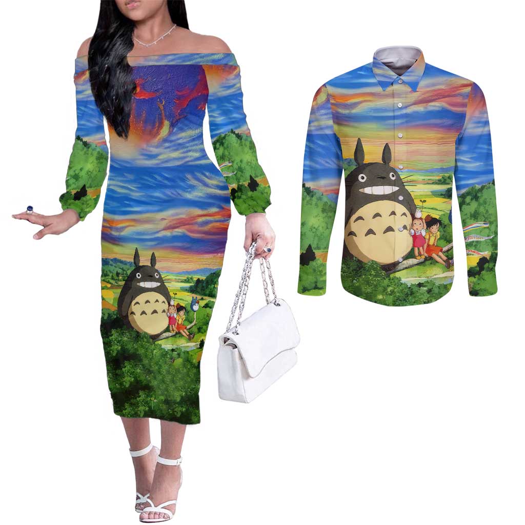 Trippy My Neighbor Totoro Studio Ghibli Couples Matching Off The Shoulder Long Sleeve Dress and Long Sleeve Button Shirt Anime  Mix Oil Paint Trippy Style