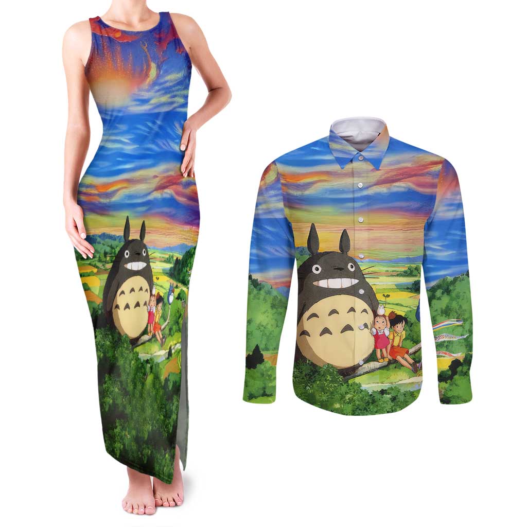 Trippy My Neighbor Totoro Studio Ghibli Couples Matching Tank Maxi Dress and Long Sleeve Button Shirt Anime  Mix Oil Paint Trippy Style
