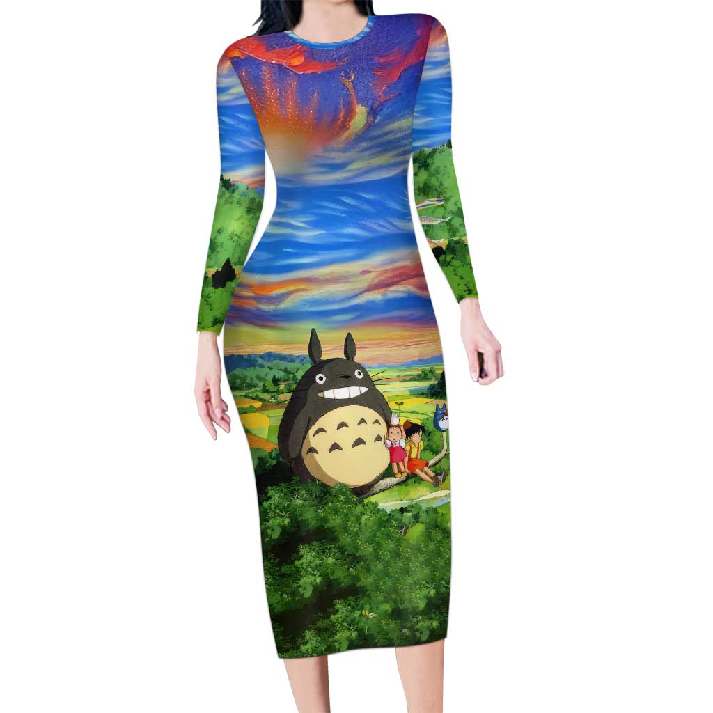 Trippy My Neighbor Totoro Studio Ghibli Long Sleeve Bodycon Dress Anime  Mix Oil Paint Trippy Style