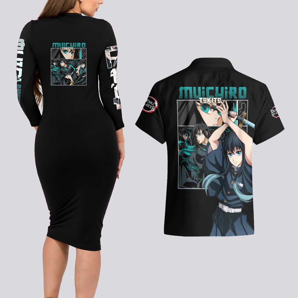 Muichiro Tokito V2 Demon Slayer Couples Matching Long Sleeve Bodycon Dress and Hawaiian Shirt Anime Style