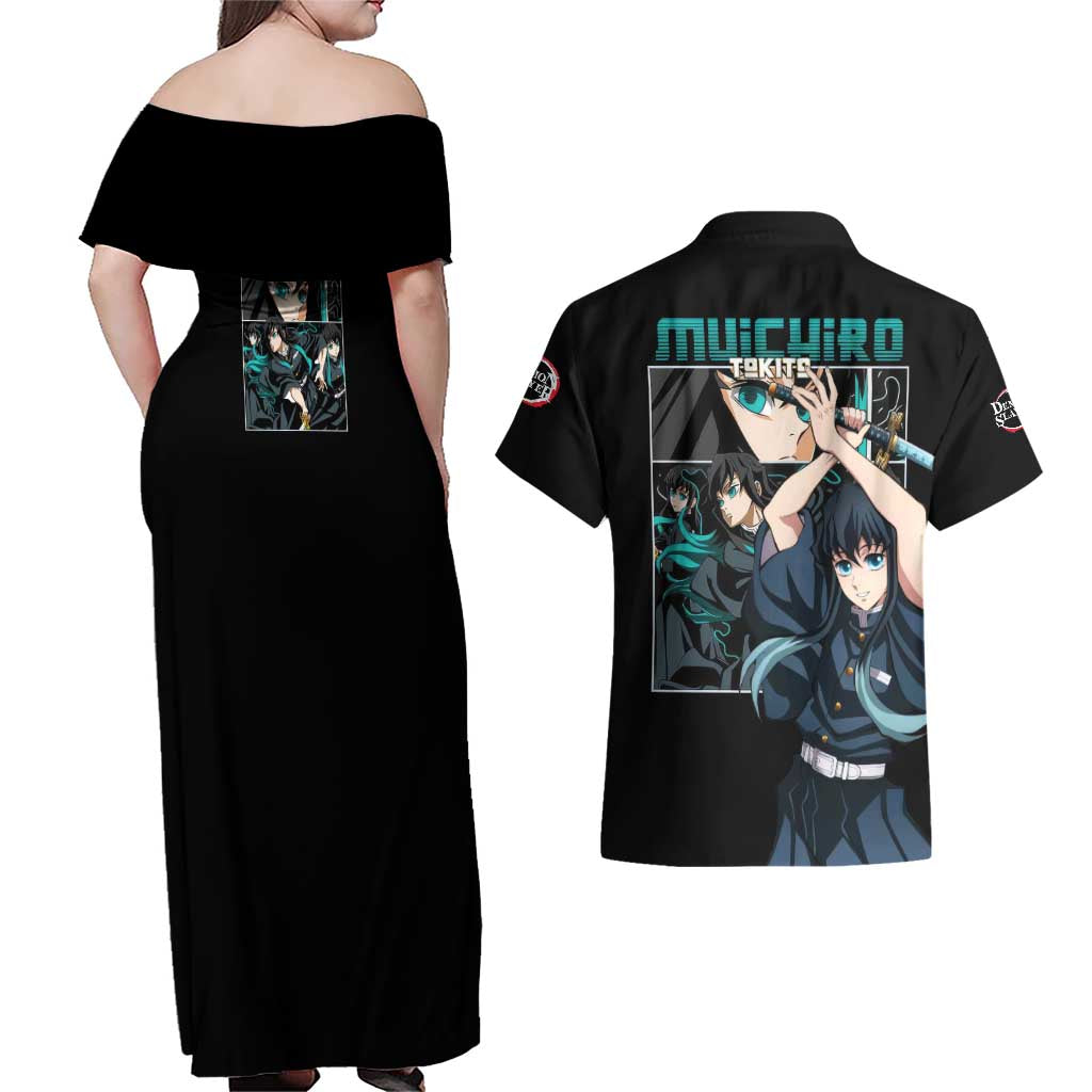 Muichiro Tokito V2 Demon Slayer Couples Matching Off Shoulder Maxi Dress and Hawaiian Shirt Anime Style