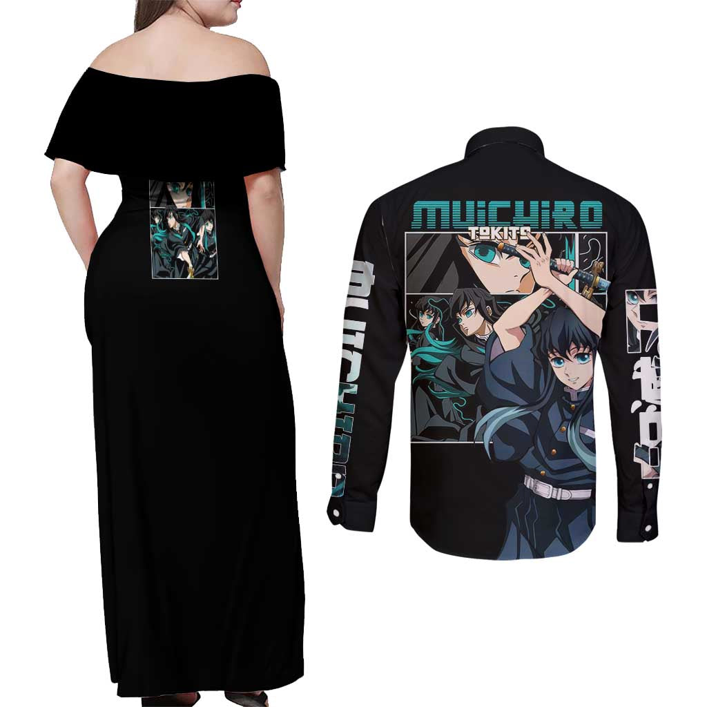 Muichiro Tokito V2 Demon Slayer Couples Matching Off Shoulder Maxi Dress and Long Sleeve Button Shirt Anime Style