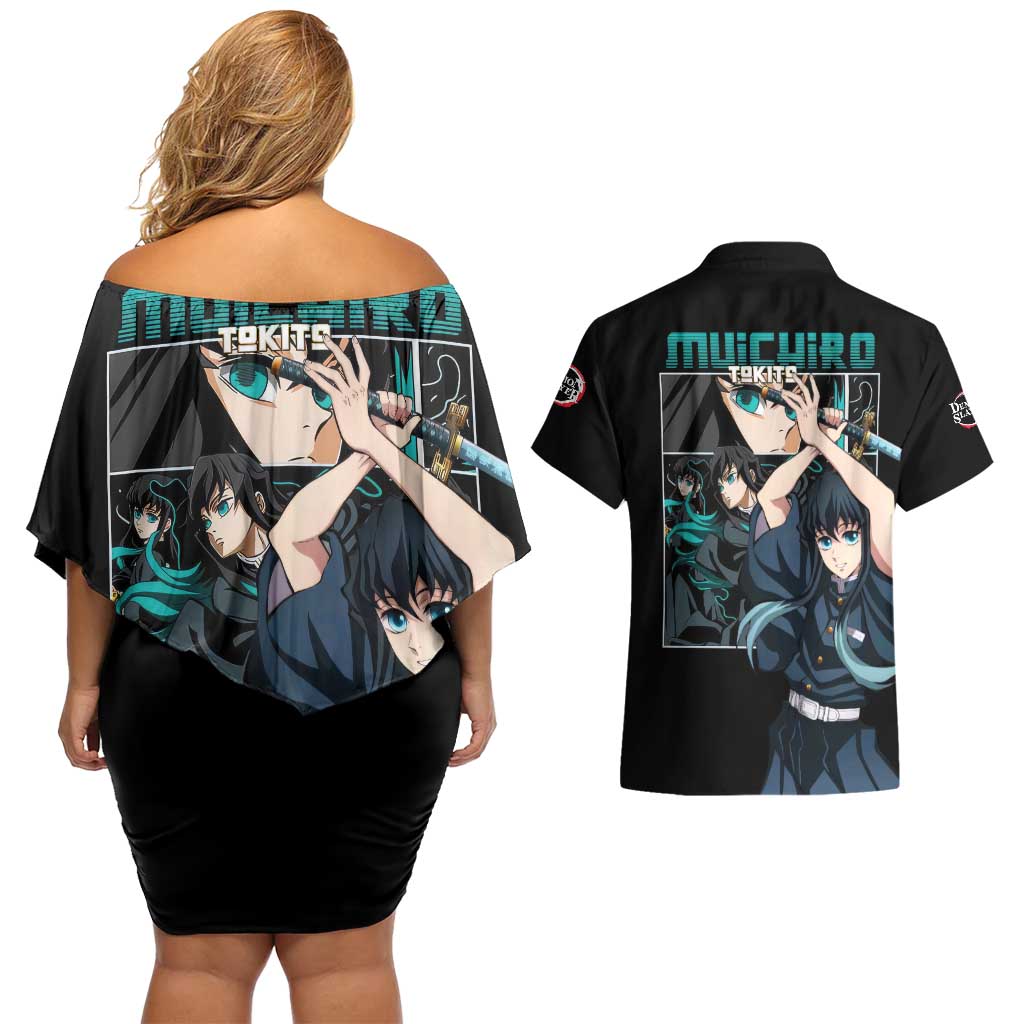 Muichiro Tokito V2 Demon Slayer Couples Matching Off Shoulder Short Dress and Hawaiian Shirt Anime Style