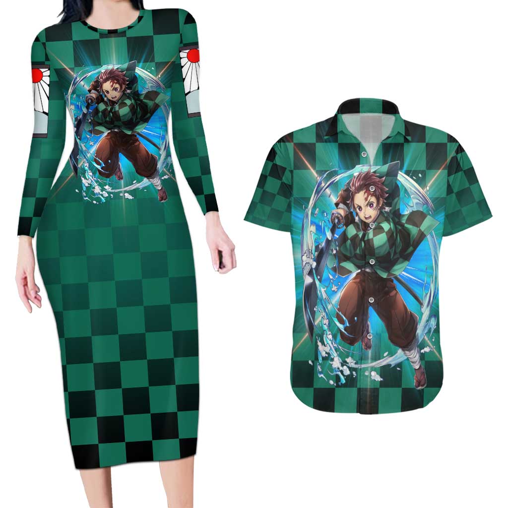 Astral Aura Tanjiro Demon Slayer Couples Matching Long Sleeve Bodycon Dress and Hawaiian Shirt Anime Style