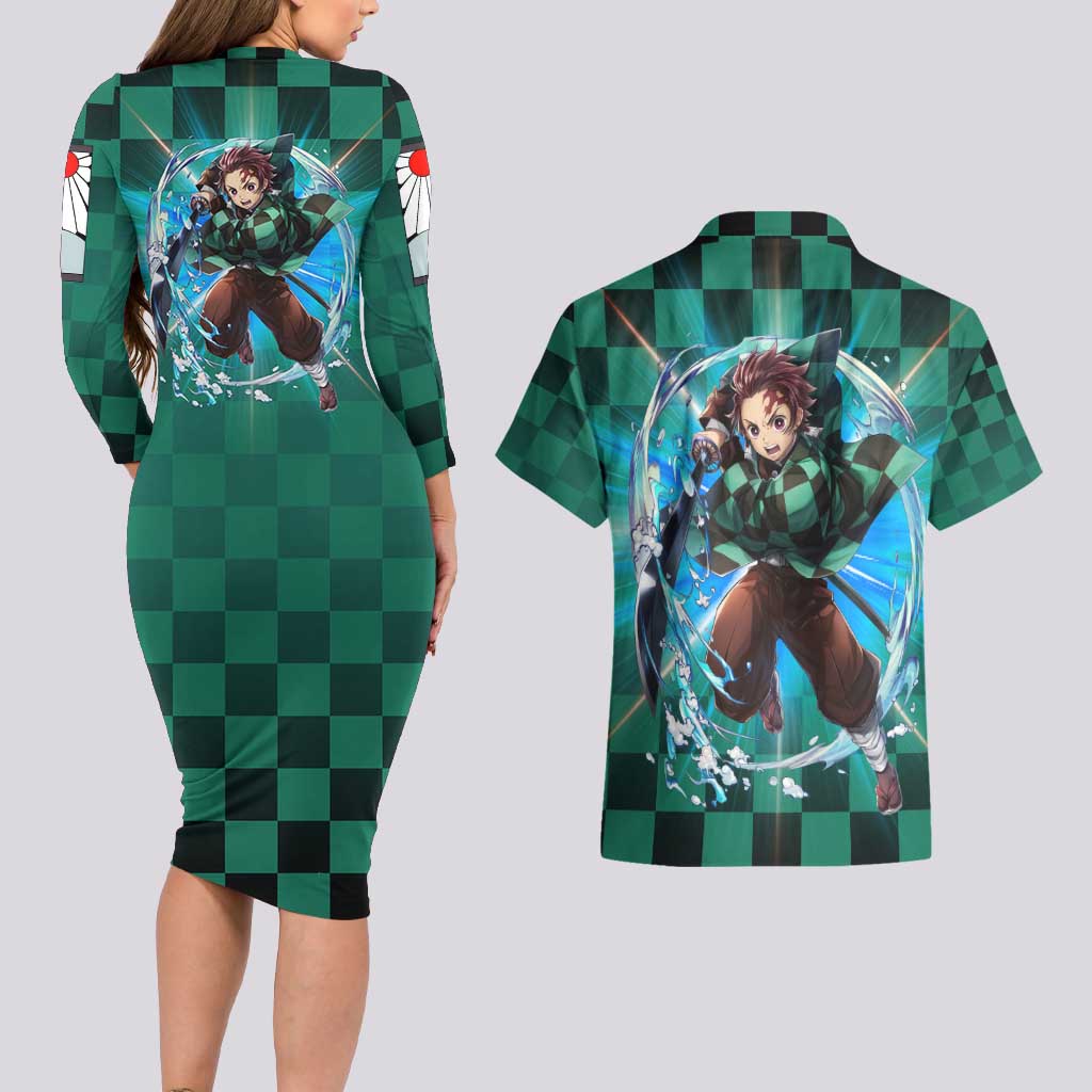 Astral Aura Tanjiro Demon Slayer Couples Matching Long Sleeve Bodycon Dress and Hawaiian Shirt Anime Style