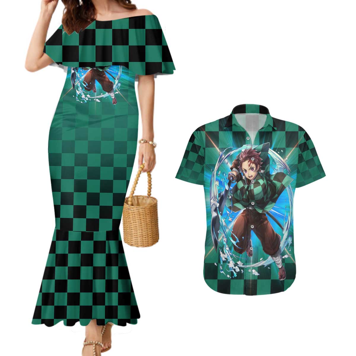 Astral Aura Tanjiro Demon Slayer Couples Matching Mermaid Dress and Hawaiian Shirt Anime Style