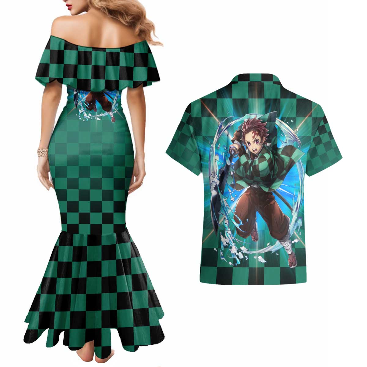 Astral Aura Tanjiro Demon Slayer Couples Matching Mermaid Dress and Hawaiian Shirt Anime Style