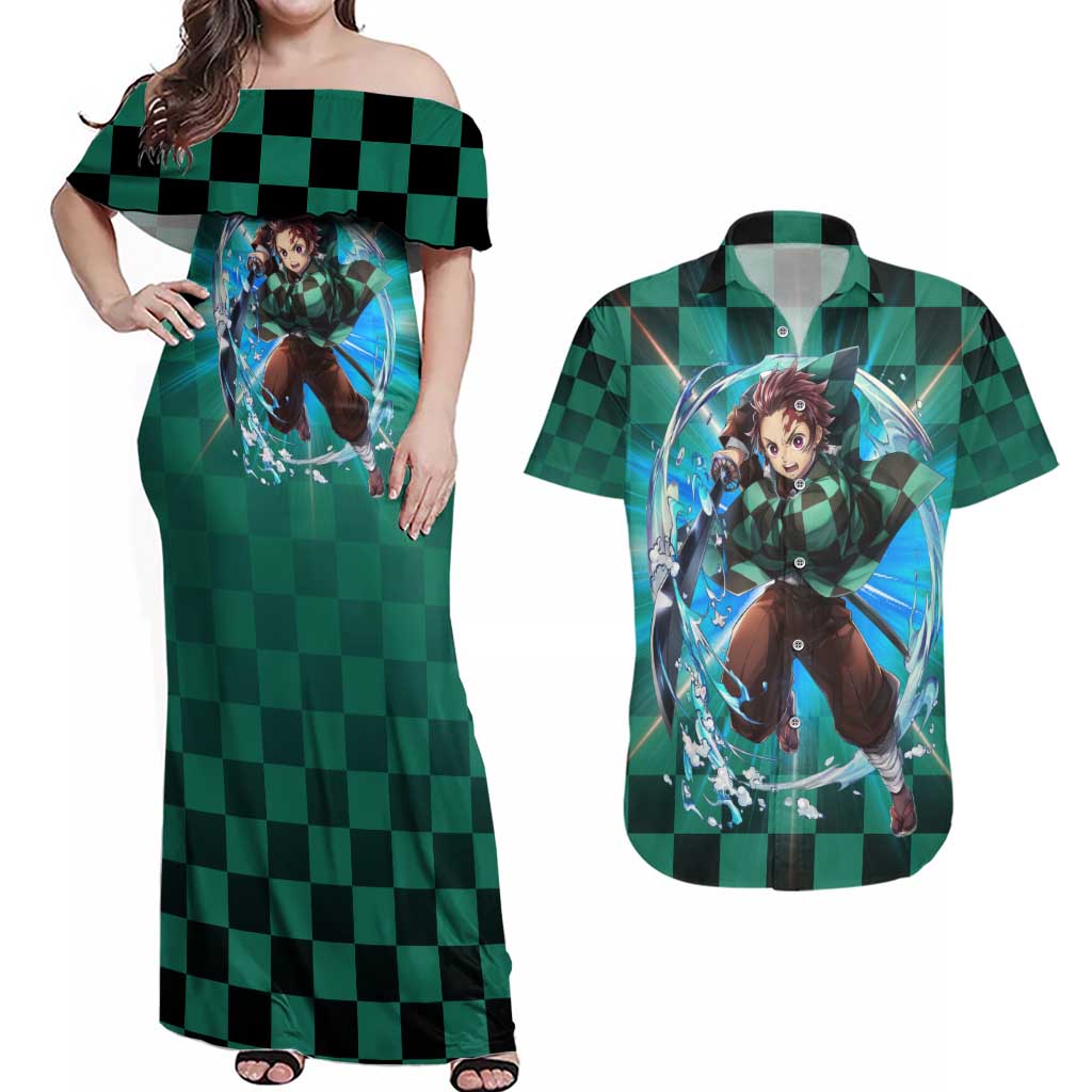 Astral Aura Tanjiro Demon Slayer Couples Matching Off Shoulder Maxi Dress and Hawaiian Shirt Anime Style