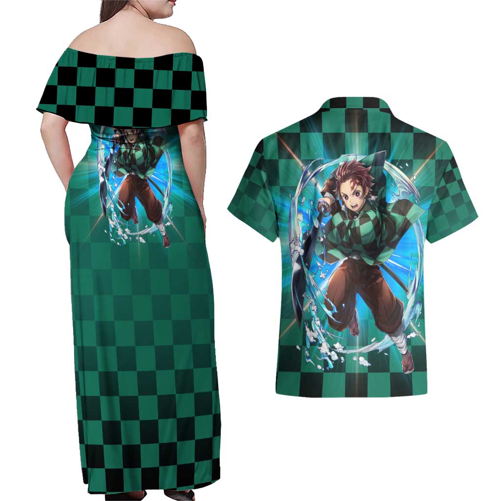 Astral Aura Tanjiro Demon Slayer Couples Matching Off Shoulder Maxi Dress and Hawaiian Shirt Anime Style